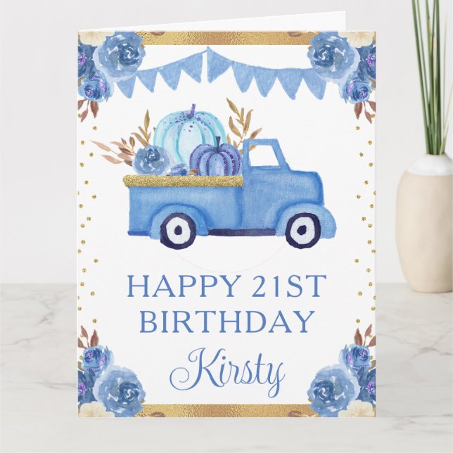 Carte Aquarelle Bleu Floral Citrouille Camion Anniversai (Devant)