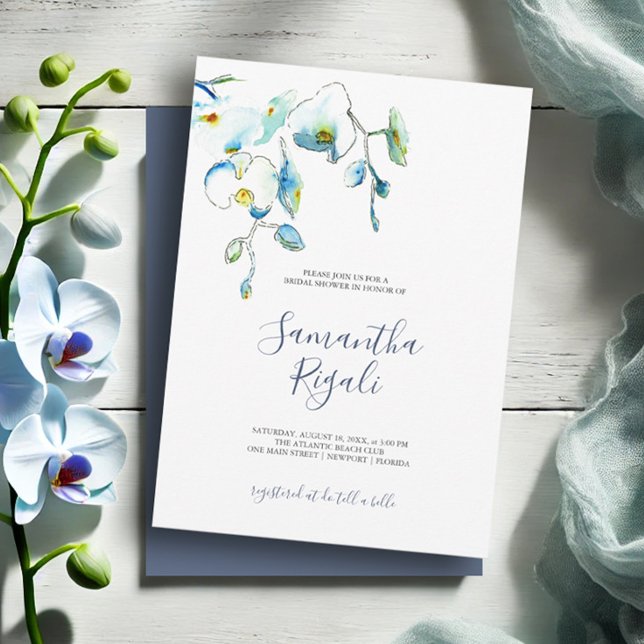Carte Aquarelle bleu floral Fête des mariées botanique (Bridal shower invitations watercolor blue orchid flowers by Victoria Grigaliunas Do Tell A Belle)