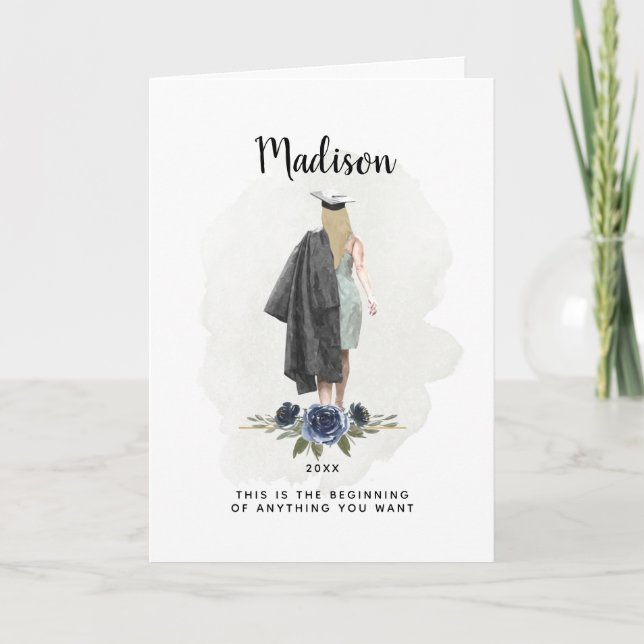 Carte Aquarelle bleu Floral Graduation Blonde Girl (Devant)