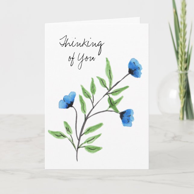 Carte Aquarelle Bleu Floral Penser de vous (Devant)
