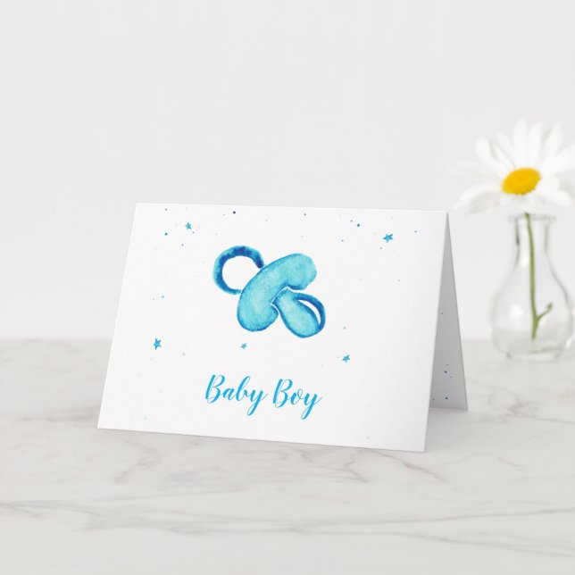 Carte Aquarelle bleu pacifier bébé garçon (Petite plante)