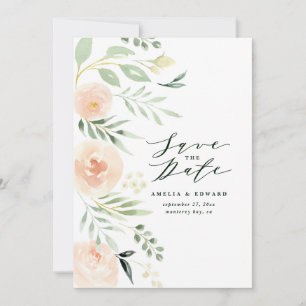 Carte Aquarelle bleu pêche floral & feuillage Mariage