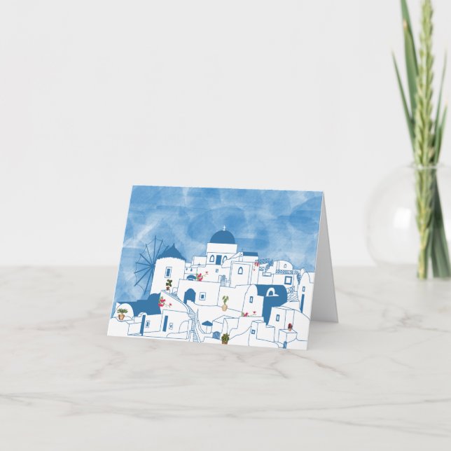 Carte Aquarelle bleue et blanche Santorin Grèce (Devant)