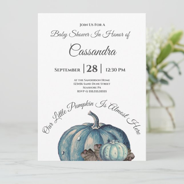 Carte Aquarelle bleue Notre petit Baby shower Citrouille (Debout devant)