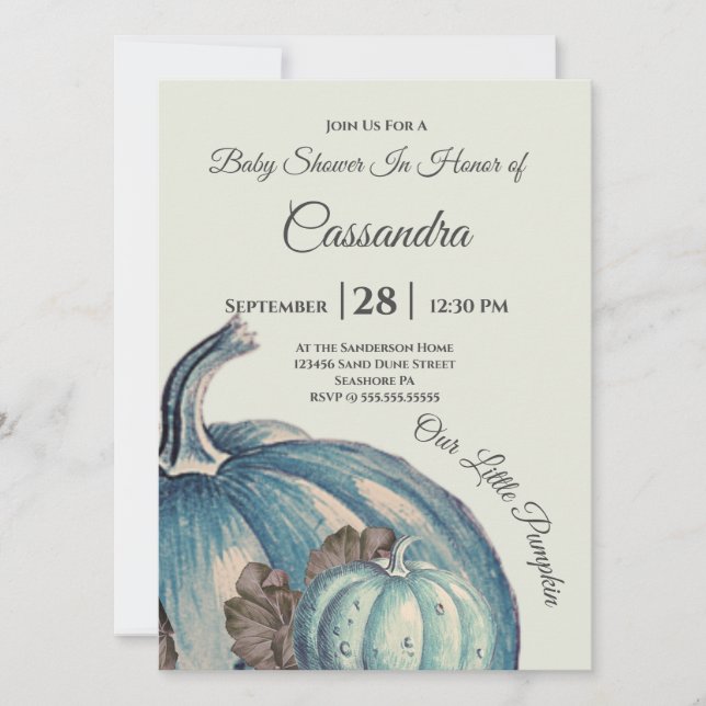 Carte Aquarelle bleue Notre petit Baby shower Citrouille (Devant)