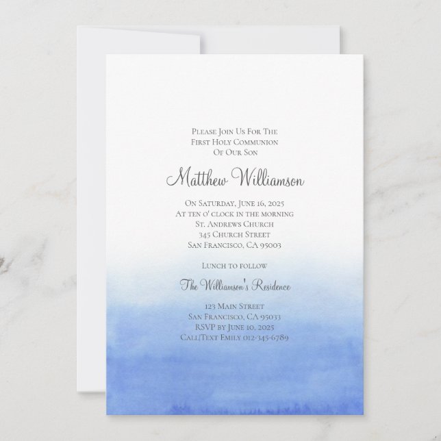 Carte Aquarelle bleue Peinture Sainte Communion Invitati (Devant)
