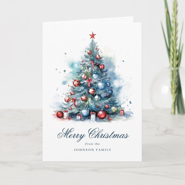Carte Aquarelle bleue Style Arbre de Noël plié (Devant)