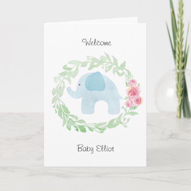 Carte Aquarelle Blue Elephant Welcome Baby (Devant)