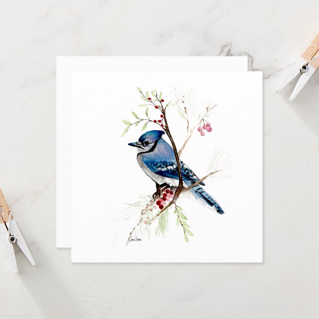 Carte Aquarelle Blue Jay Bird (Beutiful Blue Jay Watercolor Note Card from Jenn Steffen Art)