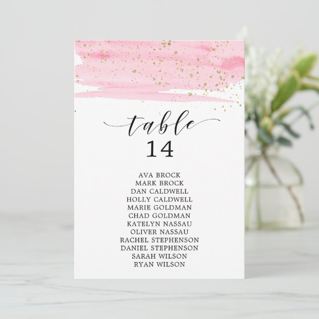 Carte Aquarelle Blush & Gold Tableau Numéro de siège (Debout devant)