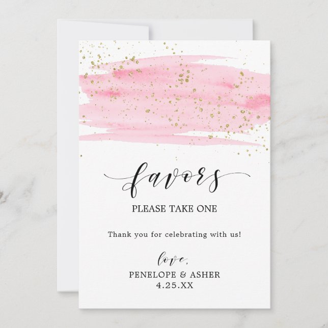 Carte Aquarelle Blush Pink & Gold Sparkles Faveurs Signa (Devant)