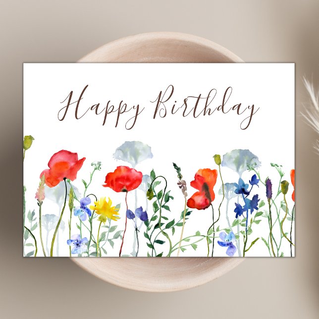 Carte Aquarelle Boho Fleur sauvage Poppies Joyeux annive (Créateur téléchargé)