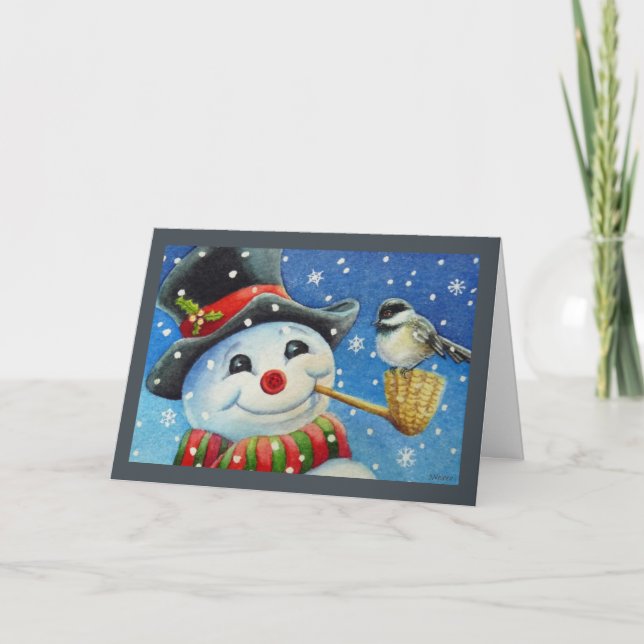 Carte Aquarelle Bonhomme de neige d'hiver et mésange (Devant)