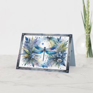 Carte Aquarelle botanique de libellule bleue