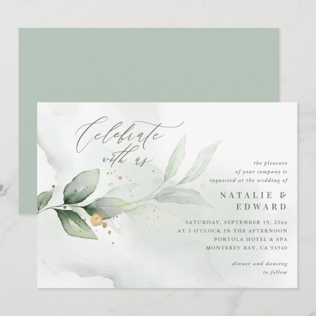Carte Aquarelle botanique eucalyptus sauge mariage vert (Devant / Derrière)