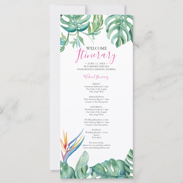 Carte Aquarelle Botanique Tropical Itinéraire Mariage (Devant)