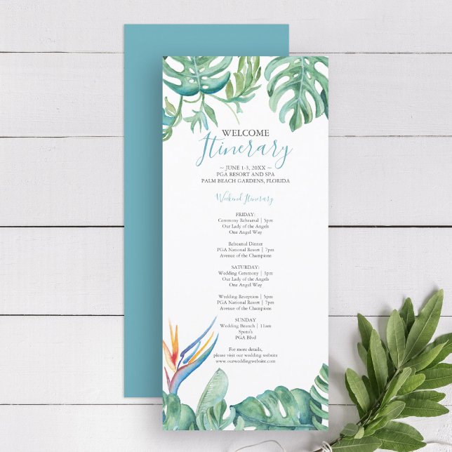 Carte Aquarelle Botanique Tropical Itinéraire Mariage (wedding itinerary template tropical watercolor bird of paradise and palm leaves Victoria Grigaliunas)