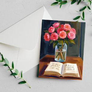 Carte aquarelle bouquet de roses roses coin lectur