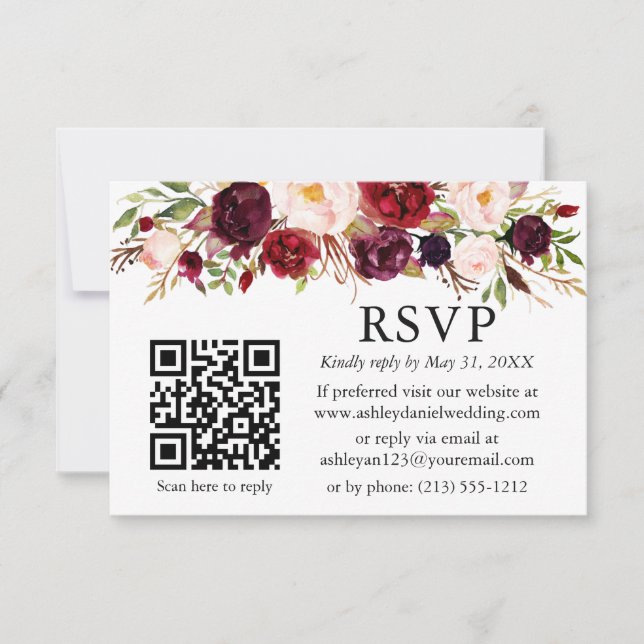 Carte Aquarelle Bourgogne Floral Mariage QR RSVP (Devant)