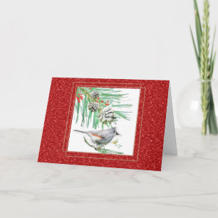Carte Aquarelle Branche de Pin et Oiseau de Noël