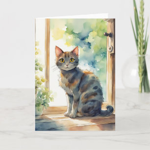 Carte Aquarelle Calico Chat dans la fenêtre