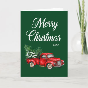 Carte Aquarelle Camion Rouge Joyeux Noël Année Vert