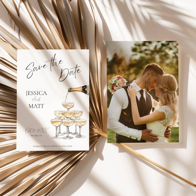 Carte aquarelle champagne pour annoncer la date (Champagne Tower Save the Date)