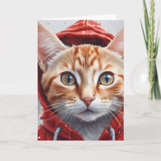 Carte Aquarelle Chat Tigre Orange en Sweat à Capuche Rou (Devant)