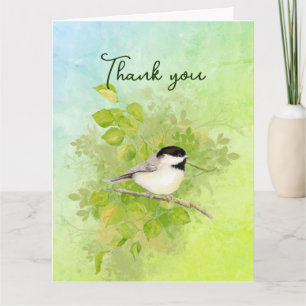 Carte Aquarelle Chickadee Oiseau naturel Merci
