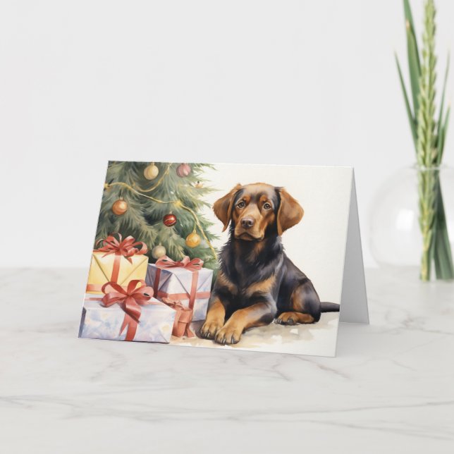 Carte Aquarelle Chien par arbre de Noël (Devant)