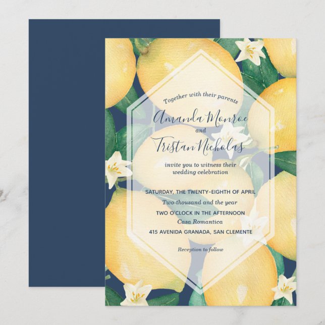Carte Aquarelle citrons sur la marine Blue Wedding Invit (Devant / Derrière)