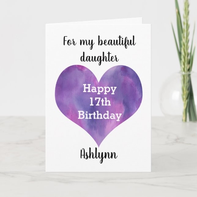 Carte Aquarelle Coeur heureux 17e anniversaire fille (Devant)
