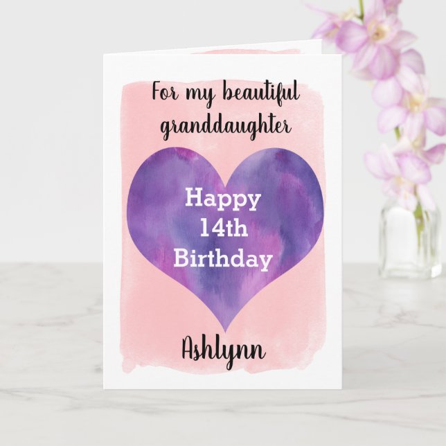 Carte Aquarelle Coeur rose et pourpre 14e anniversaire (Orchidée)