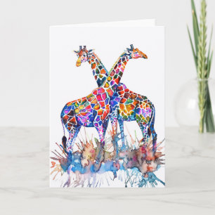 Carte Aquarelle colorée Giraffes arc-en-ciel