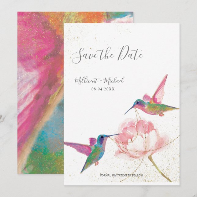 Carte Aquarelle colorée Hummingbirds Enregistrer la date (Devant / Derrière)