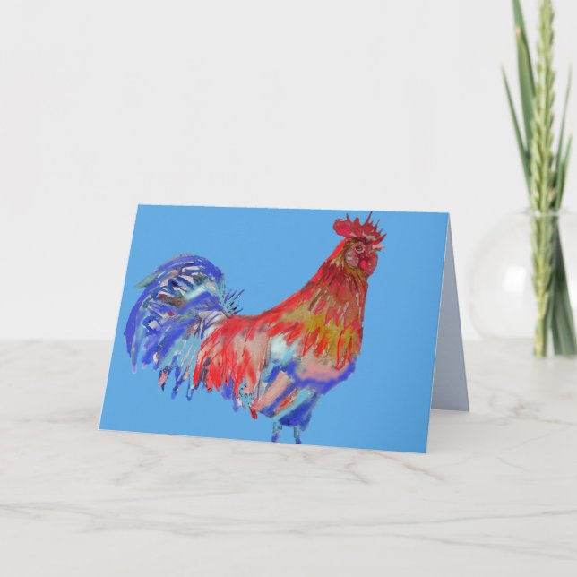 Carte aquarelle Coq Oiseau Rouge Bleu (Devant)