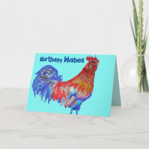 Carte aquarelle Coq Rouge et Bleu Aqua Cockerel