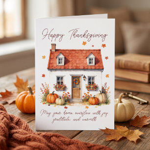 Carte Aquarelle Cottage Cosy d'Automne Citrouilles Thank