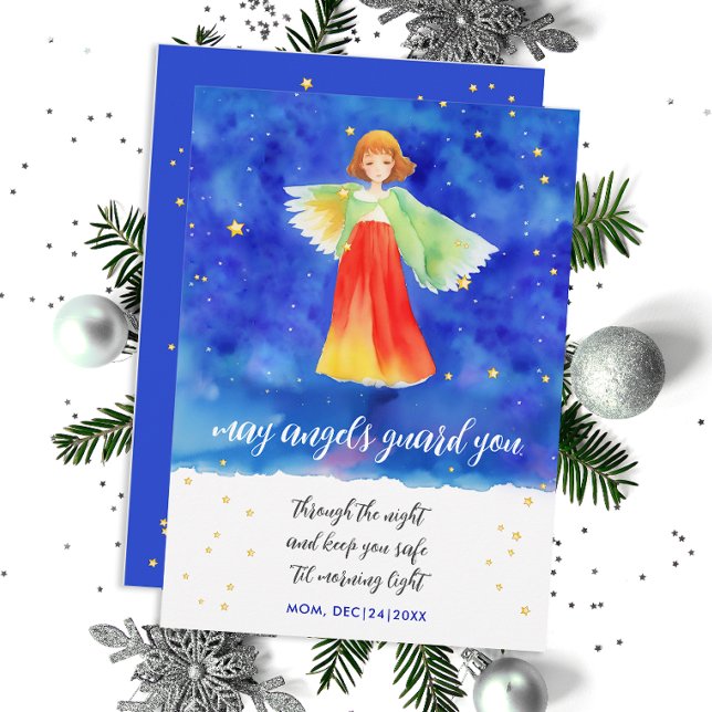 Carte Aquarelle Cute Blue Guardian Angel Faith Art (Créateur téléchargé)