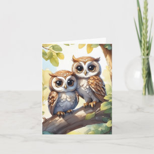 Carte Aquarelle Cute Kawaii Chibi Owls Blank Salutation