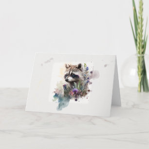 Carte Aquarelle Cute Raccoon Fleurs de printemps