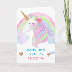 Carte Aquarelle Cute Unicorn Personnalisée Fille Anniver