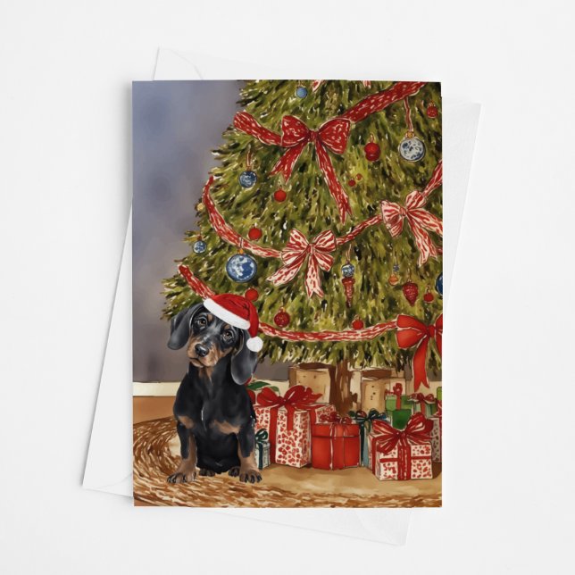 Carte Aquarelle Dachshund sous l'arbre de Noël (Créateur téléchargé)