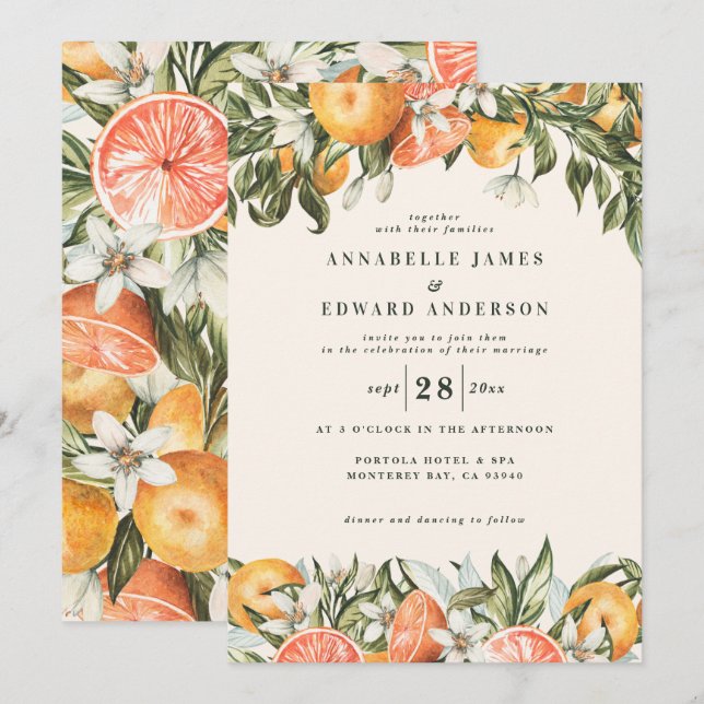 Carte Aquarelle d'agrumes d'orange mariage moderne botan (Devant / Derrière)