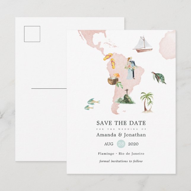 Carte aquarelle d'annonce de mariage de destinatio (Devant / Derrière)