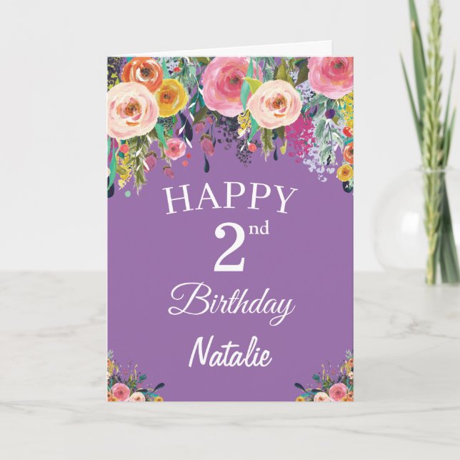 Carte Aquarelle de 2e anniversaire Fleurs florales viole (Devant)