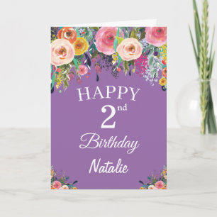 Carte Aquarelle de 2e anniversaire Fleurs florales viole