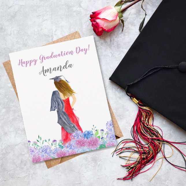 Carte Aquarelle de Brunette Hair Girl Graduation (Créateur téléchargé)