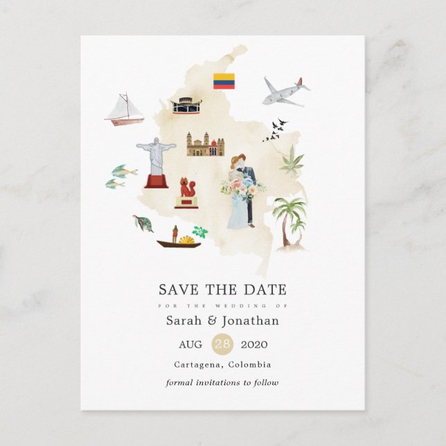 Carte aquarelle de Colombie pour mariage de destin (Devant)
