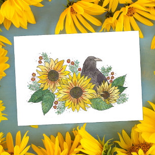 Carte Aquarelle de Corbeau et de Fleurs de soleil